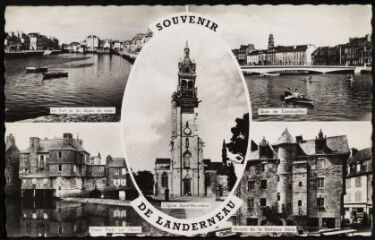 1 vue  - Souvenir de Landerneau avec petites photos de l\'église Saint-Houardon, du port, des quais du pont de Rohan et de la Maison de la Sénéchaussée (ouvre la visionneuse)