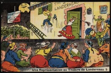 1 vue  - Dessin colorisé d\'une représentation théâtrale à Landerneau (Romello et Jeuliette) (ouvre la visionneuse)