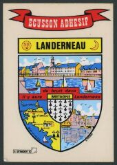 1 vue  - Ecusson Landerneau.- Dessin du pont habité, pont de Caernarfon et carte de Bretagne (ouvre la visionneuse)